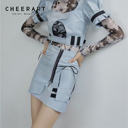 Blue Grey High Waist Mini Pencil Skirt Womens Summer Zipper Up Short Bodycon Micro Cute A Line Skort 210427