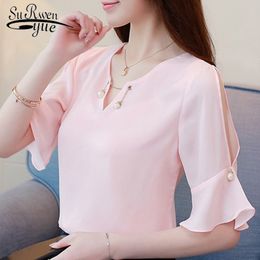 blouses woman V neck pink chiffon blouse women short sleeve shirts summer s tops and 4508 50 210508