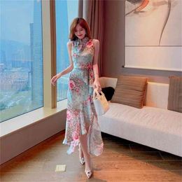 Printed sleeveless sexy fishtail skirt light mature wind woman summer temperament two-piece suit 210416