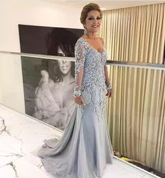 Elegant Blue Silver Mother of the Bride Dresses Long Sleeves 2021 V Neck Godmother Evening Dress Wedding Party Guest Gowns New315K