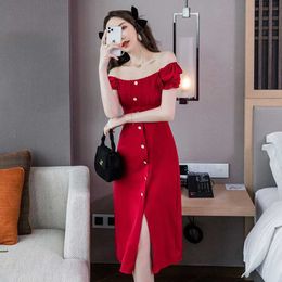 summer Elegant women square neck Single-breasted Dres Solid short Sleeve Mid-length 210531