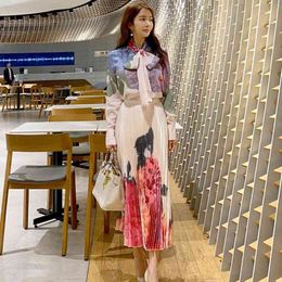 Summer Women Two Piece Set bowknot collar Flowers printing Shirt + Fashion Floral Print Long Draped Office OL Skirt Suit 210514