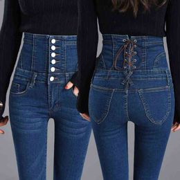 High Waist bow tie abdomen Bottom Jeans Women Buttons Skinny Femme Trousers Slim Streetwear Pencil Denim Pants 211129