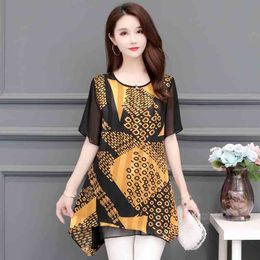 Blouse Women O Neck Summer Mid-Length Older Loose Style Middle-aged Printed Short Sleeve Chiffon Shirt Tops 873F 210420