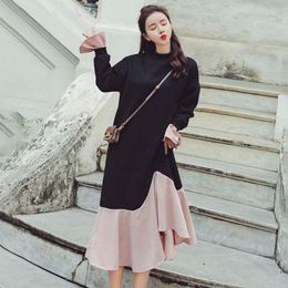 Spring Female Loose Casual Round Neck Patchwork Long Sleeve Panelled Black Pink Ruffles Trumpet Sweater Dress 210510