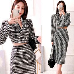 Autumn Winter Fashion Tweed Suits Two Piece Set Women Full Sleeve Short Coat Top Women And High Waist Skirt Women's Suit SL351 211119