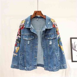 Summer Sequins Embroidery Denim Jacket Woman Batwing Sleeve Hole Vintage Blue Coat Female Chic High Quality 210603