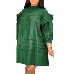 Women Green Red Dresses Loose Three Quarter Sleeves Plus Size Ruffles African Ladies Fashion Christmas Vestidos Autumn 210416