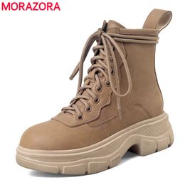 MORAZORA Cow leaher ankle boots lace up platform boots round toe vintage spring autumn short boots casual shoes 210506