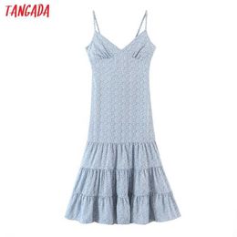 Tangada Women Blue Flowers Beach Dress Strap Adjust Sleeveless Fashion Lady Back Bow Dresses Vestido 1M20 210609