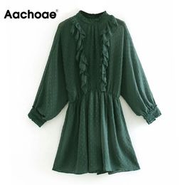 Aachoae Women Dot Embroidery Green Mini Dress Female Lace Mesh Ruffles A Line Party Dress Batwing Long Sleeve Vintage Dresses 210413