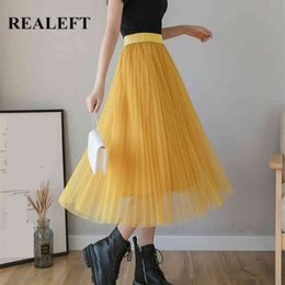Spring Summer Mesh Pleated Skirt Lady 9 Colours Elegant High Waist Mid-length OL Style Casual Midi Skirts Female 210428
