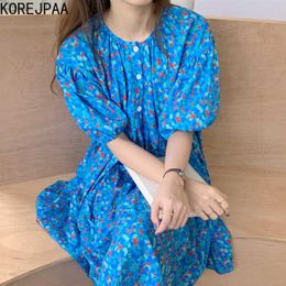 Korejpaa Women Mini Dress Summer Korean Fashion Retro Print O Neck Floral Three Button Lantern Sleeve Casual Short Vestido 210526