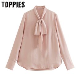 Toppies Women Pink Bow Blouse Solid Pink White Colour Blusas Mujer Long Sleeve Blouses Tops 210412