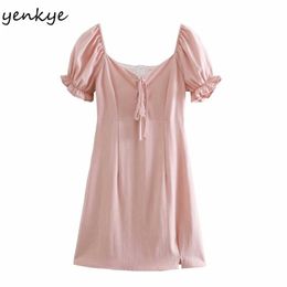Elegant Women Solid Colour Sweet Dress Square Neck Short Sleeve Vestido Sexy Hem Slits A-line Mini Summer 210514