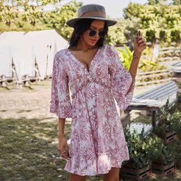 Jastie Ruffle V-Neck Half Sleeve Spring Summer Dress Boho Floral Print Women Mini Dresses Casual Beach Short Female Vestidos 210419