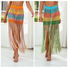 Colorful Long Tassel Hollow Out Beach Skirts Sexy Women Bikini Swimsuit Bathing Suit Cover Up Beachwear Skirts1