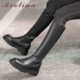 Genuine Leather Platform High Heel Knee Boots Woman Shoes Zip Chunky Heels Ladies Long Autumn Winter Black 210517