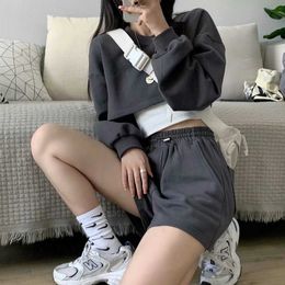 Biker Shorts Set Womens Outfits O-Neck High Waist Navel Sweatshirt Terry Elastic Women's Two-piece Suit 210607