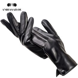 winter Black mens leather gloves,Sheepskin male winter,Simple men's ,High grade - 8011Y 220113