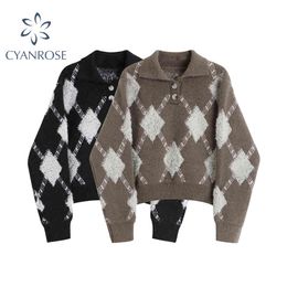 Woollen Argyle Pattern Pullover Sweaters Women Winter Vintage Button Polo Collar Long Sleeve Jumper Tops Chic Female Sweater 210417