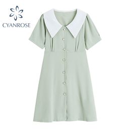 Lapel Sweet Shirt Dress Single Breasted High Waist Slim Lace-up Short Sleeve Summer Dresses Female Loose Korean Vestidos 210417
