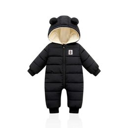 Ins Autumn Winter Child Overalls born Baby Boys Thick Cotton Jumpsuit For Baby Girls Hooded Romper Infant Clothing 3-12M 210722