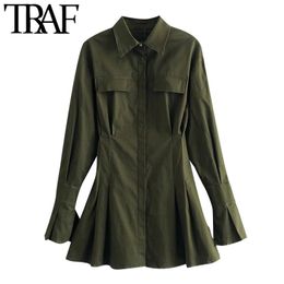 TRAF Women Chic Fashion With Pockets Fitted Mini Shirt Dress Vintage Lapel Collar Long Sleeve Female Dresses Vestidos 210415