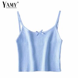 Summer crop tops women womens tops cute vintage camisole top knitted tie front crop top sexy cami top black 210407