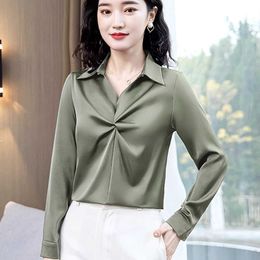 Korean Silk Women Satin Blouses Woman White Shirts Long Sleeve Blouse Ladies Tops Plus Size V-neck 210604