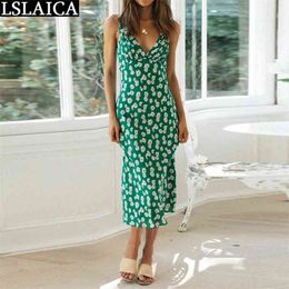 Drop Woman Dress Daisy Print Fresh and Sweet Long es for Women Sleeveless Beach Holiday Fashion Summer 210515