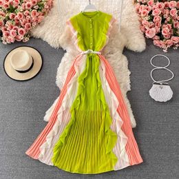 Summer Slim Big Swing Ruffled Stand Chiffon Pleated Dress Women Single-breasted Fashion Elegant Korean Chic Maxi Vestido 210610