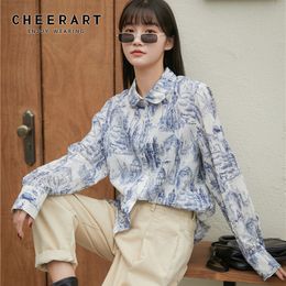 Drawing Architecture Print Women Tops And Bloues Vintage Long Sleeve Button Up Peter Pan Collar Shirt Fashion 210427