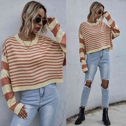 Women Oversized Striped Orange Sweater Batwing Sleeve Pullovers Knitted Women Tops New Arrivals Autumn Loose O-neck Sweater 210412