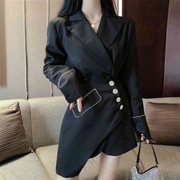 Spring Casual 2 Piece Set Women Fashion Double-Breasted Long Sleeve Lapel Blazer Coat + Diamond Button Irregular Skirt Suits 210514