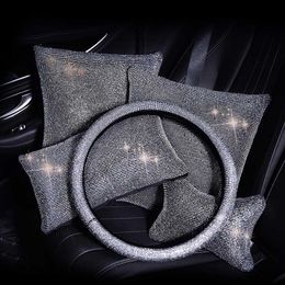 Interior Decorations Rhinestones Crystal Car Seat Belt Cover Pad Neck Pillow Waist Support Diamond Steering Wheel Accessories Women