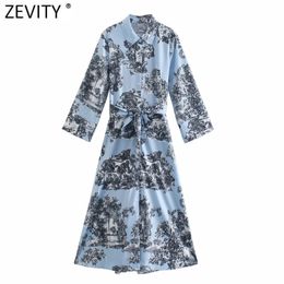 Women Vintage Ink Flower Print Bow Sashes Shirt Dress Office Lady Long Sleeve Chic Casual Slim Kimono Midi Vestido DS8102 210416