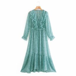 Summer Women Vintage Dresses V-Neck Long Sleeve Cascading Ruffle Chiffon Female Elegant Fashion Print Dress vestido 210513