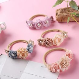 Newborn Baby Rhinestone Pearl Lace Artificial Flower Headband Nylon headbands kids girl elastic Hairbands Headwear