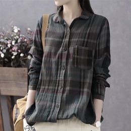 Spring Arts Style Women Long Sleeve Loose Vintage Plaid Shirts All-matched Casual Turn-down Collar Blouse Ladies Tops S661 210512