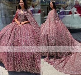 2022 Bling Burgundy Gold Sequined Quinceanera Dresses Cape Pearls Crystal Beading Strapless Lace-up Detachable Wrap Sweet 16 Dress Prom Ball Gown