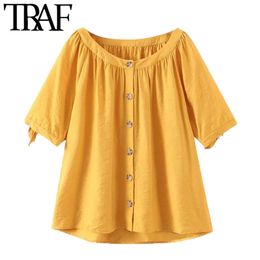 TRAF Women Fashion With Bow Tied Loose Blouses Vintage Short Sleeve Button-up Female Shirts Blusas Chic Tops 210415