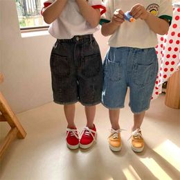 MILANCEL Summer Kids Clothes Denim Solid Shorts Elastic Waist Straight Short Pants for brothers and sisters 210723