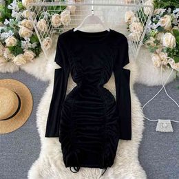 Drawstring Ruched Mini Dress Women Round Neck Hollow Out Long Sleeve Tie Tassels Casual Party Bodycon Autumn Clothing 210603