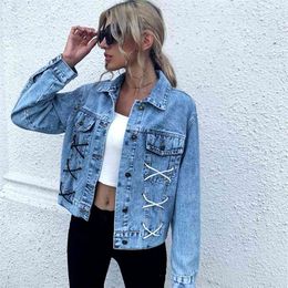 Streetwear Women's fashion loose blue jean jacket rope denim Feamle autumn and winter vintage Denim Jackets Women coats 210508