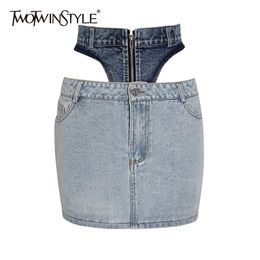 Elegante retalhos jeans mulheres saia cintura alta oca out hit cor mini saias para roupas de moda feminina 210521