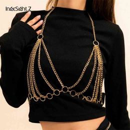 IngeSight.Z Metal Tassel Harness Bra Top Chest Waist Belly Multiple Circle Ring Bikini Body Chain Necklaces Female Jewellery