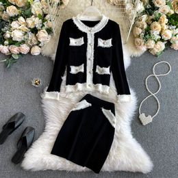 Elegant Knitted Two Piece Set Women Single Breasted Golden Buttons Pocket Pullover Sweater and Bodycon Mini Jumper Skirt Suit 210416