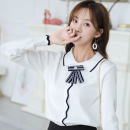 Girl Sweater Fashion Women Autumn Knit Striped Loose Bow Collar Long Sleeve White Pullovers 11B 210420