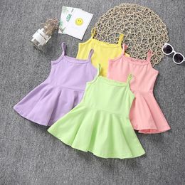 Vestidos da menina crianças sólido cor sling uma linha vestido verão sem mangas suspensas bebê casual frocos m3580